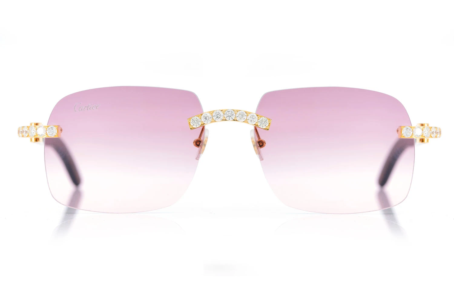 Icebox - Cartier Glasses Iced Out Diamonds On Wood Rimless - Pink Fade Lens  - 5.50ctw - Yellow Gold