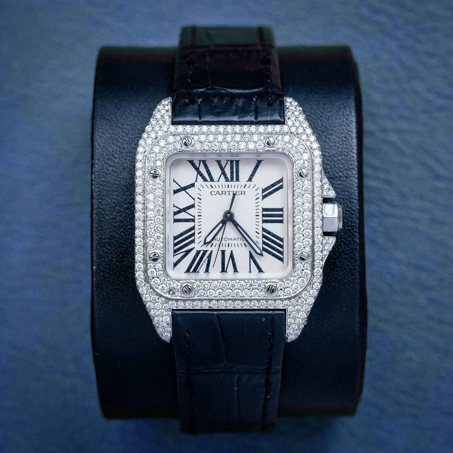 Icebox - Cartier Santos 100 Ss 7.46ctw Fg/vs Leather Strap