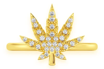 Cannabis Leaf Diamond Ring 14k Solid Gold 0.15ctw