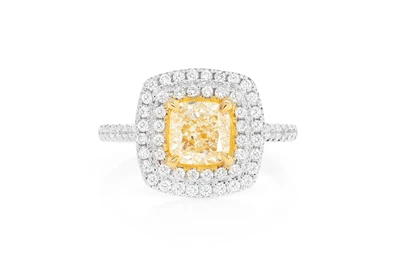 2.00ct Cushion Fancy Yellow Diamond Double Halo Diamond Ring 14k Solid Gold