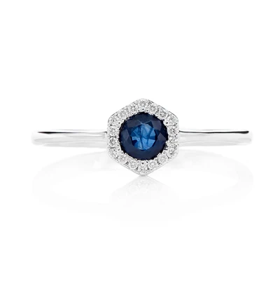 Sapphire And Diamond Halo Hexagon Ring 14k Soild Gold 0.38ctw
