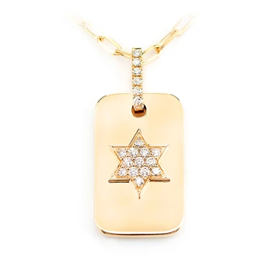 Star Of David Dog Tag Diamond Necklace Attached 14k Solid Gold 0.15ctw