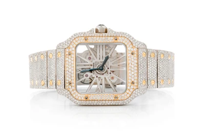 Cartier Santos De Cartier Skeleton 18k Yellow Gold & Steel 40MM - 18.50ctw Fully Iced Out
