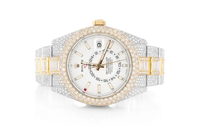 Rolex Sky Dweller 41MM 18k Yellow Gold & Steel - 26.00ctw Fully Iced Out Baguette Center Row