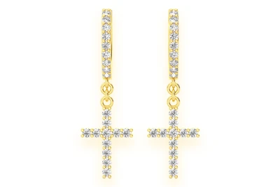 Cross Dangling Hoop Diamond Earrings 14k Solid Gold 0.40ctw