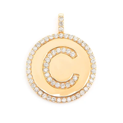 Diamond Cirlce Border Any Letter Disc Pendant 14k Solid Gold 0.50ctw
