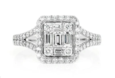 Mosaic Baguette And Round Diamond Engagement Ring 1.00ctw - All Natural Diamonds - 14k Solid Gold