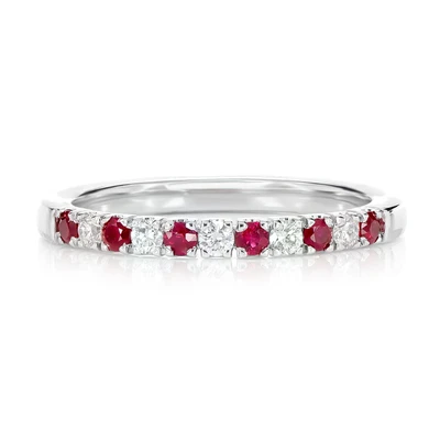 Ruby And Diamond Alternating Band Ring 14k Solid Gold 0.38ctw 
