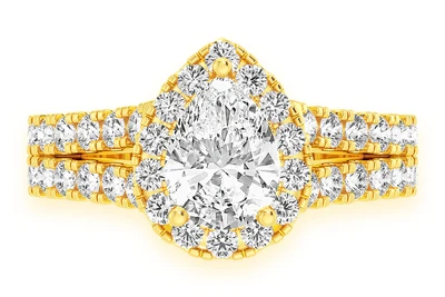 Pear Solitaire Two Row Split Scallop Ring 14k   