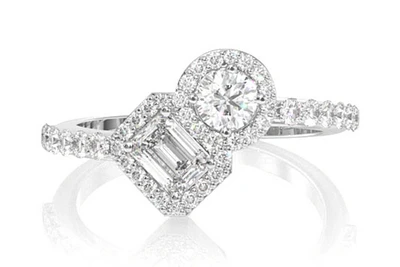 Two Stone Emerald & Round Diamond Ring 14k Solid Gold 1.00ctw 