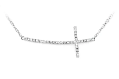 Curved Sideways Diamond Cross Pendant Necklace Attached 14k Solid Gold 0.15ctw