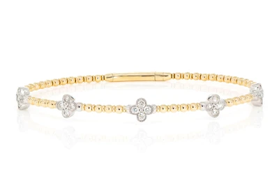 Beaded And Diamond Clover Milgrain Flex Bangle Bracelet 0.60ctw 14k Solid Gold 