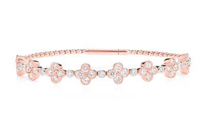 Milgrain Diamond Clover Flex Bangle Bracelet 14k Solid Gold 2.80ctw