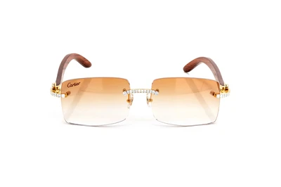 Cartier Glasses Iced Out Diamonds Rimless Wood - Brown Fade - 3.00ctw - Yellow Gold