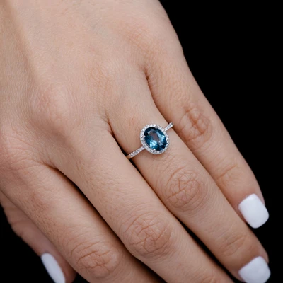 Oval Blue Gemstone And Diamond Halo Ring 14k Solid Gold 1.38ctw
