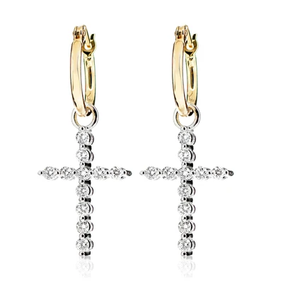 Plain Hoops Dangling Diamond Cross Earrings 14k Solid Gold 0.55ctw