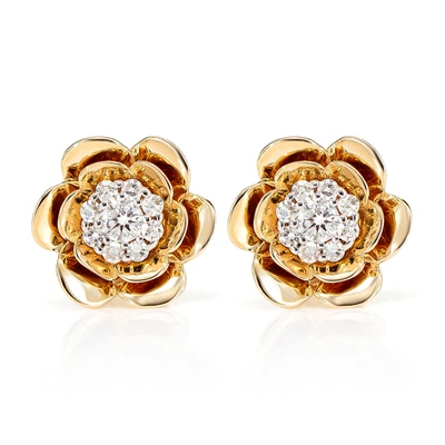 Bloomed Flower Diamond Cluster Stud Earrings 14k Solid Gold 0.15ctw