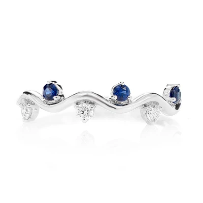 Blue Sapphire And Diamond Six Stone Vine Ring 14k Solid 0.25ctw