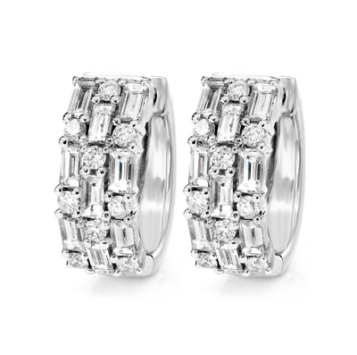 Three Row Baguette And Round Diamond Hoop Earrings 14k Solid Gold 2.20ctw