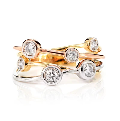 Four Row Tri Tone Scattered Bezel Diamond Band Ring 14k Solid Gold 0.35ctw