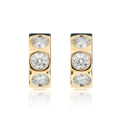 Three Stone Diamond Bezel Set Huggie Earrings 14k Solid Gold 0.95ctw