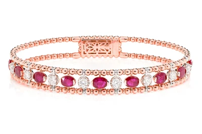 Oval And Round Beaded Ruby And Diamond Flex Bangle Bracelet 14k Solid Gold 3.50ctw