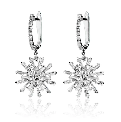 Diamond Dangling Baguette Starburst Earrings 14k Solid Gold 2.20ctw
