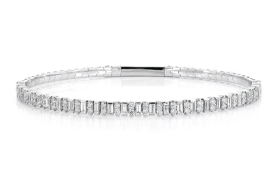 Baguette And Round Diamond Flex Bangle Bracelet 14k Solid Gold 2.25ctw