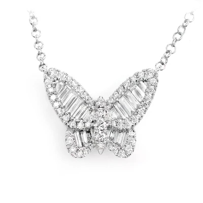 Baguette And Round Butterfly Diamond Pendant Attached Necklace 14k Solid Gold 0.83ctw