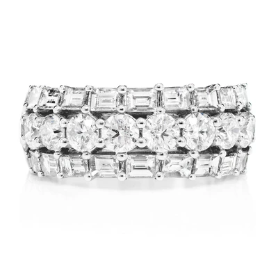 Three Row Baguette And Round Border Ring 14k Solid Gold 4.00ctw 