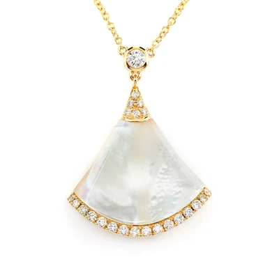 Mother Of Pearl Fan And Diamond Bezel Pendant Attached Necklace 14k Solid Gold 0.35ctw 