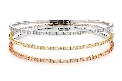 Tri-Tone Diamond Split Flex Bangle Bracelet 14k Solid Gold 3.05ctw
