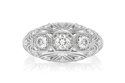Art Deco Inspired Geometric Floral Diamond Ring 14k Solid Gold 0.65ctw