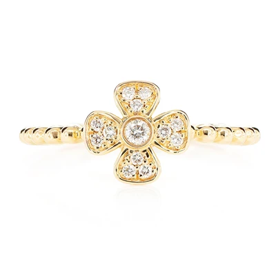 Beaded Diamond Bezel Flower Ring 14k Solid Gold 0.10ctw