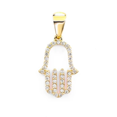 Open Diamond Hamsa Pendant 14k Solid Gold 0.15ctw