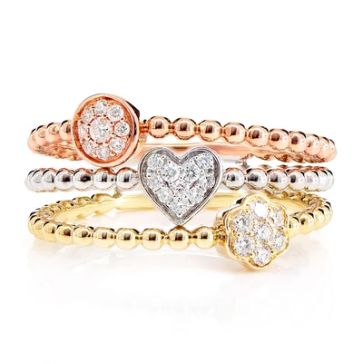 Beaded Three Row Geometric Diamond Ring 14k Solid Gold 0.20ctw 