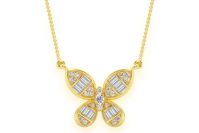  Butterfly Baguette Diamond Necklace Connected 14k Solid Gold 0.33ctw