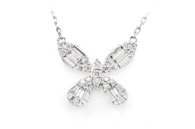 Baguette And Round Butterfly Diamond Pendant Attached Necklace 14k Solid Gold 0.35ctw