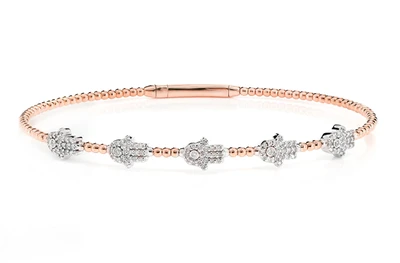 Beaded Diamond Hamsa Flex Bangle Bracelet 14k Solid Gold 0.30ctw 