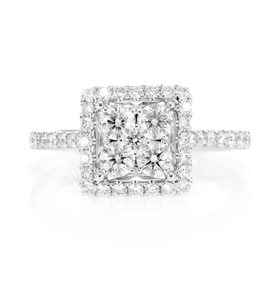 1.15ctw Halo Square Cluster Diamond Engagement Ring - All Natural - 14k Solid Gold