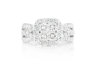 2.50ctw - Princess Quad Cluster Specialty Shank - Diamond Engagement Ring - All Natural