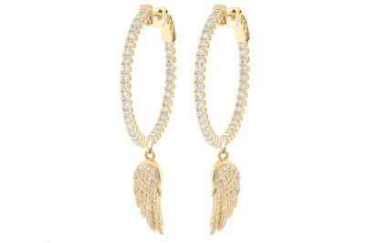 Feather Wing Dangling Hoop Diamond Earrings 14k Solid Gold 3.33ctw