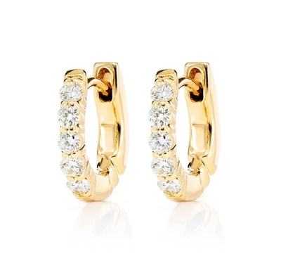 3pt Diamond Scallop Huggie Hoop Earrings 14k Solid Gold 0.30ctw