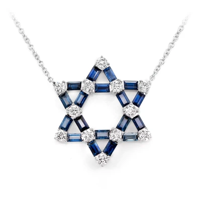 Sapphire And Diamond Star Of David Pendant Attached Necklace 14k Solid Gold 3.80ctw