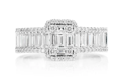 1.55ctw Baguette Raised Cluster Three Row Diamond Engagement Ring 14k Solid Gold - All Natural