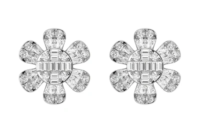 Floral Baguette & Round Diamond Stud Earrings 14k Solid Gold 0.50ctw