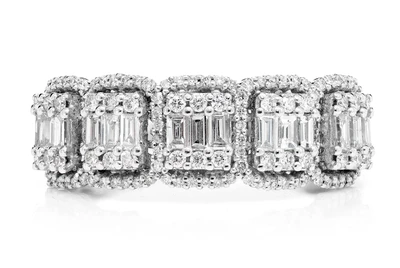 Baguette And Round Stone 5 Halo Diamond Ring 14k Solid Gold 0.70ctw