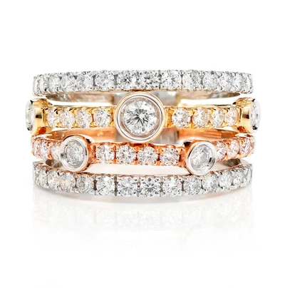 Four Row Tri-Color Scattered Bezel Diamond Ring 14k Solid Gold 1.45ctw