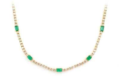 Diamond Tennis Necklace With Emerald Gemstones 14k Solid Gold 5.90ctw