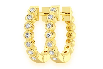 Bezel Hoop Diamond Earrings 14k Solid Gold 0.10ctw